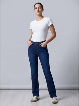 XYLA - Navy Blue Womens Mid Waist Cotton Solid Flared Leg Jeans