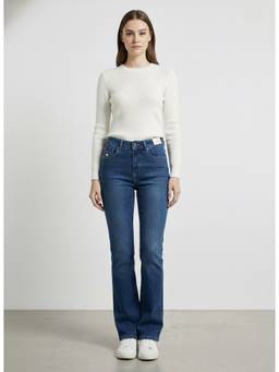 XYLA - Women Navy Blue High Waist Cotton Solid Straight Leg Jeans