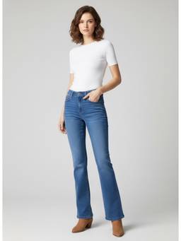 XYLA - Women High Waist Cotton Solid Blue Straight Leg Jeans