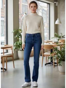 XYLA - Navy Blue Women Mid Waist Cotton Solid Wide Leg Jeans
