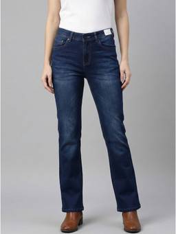 XYLA - Women Mid Waist Cotton Navy Blue Solid Straight Leg Jeans