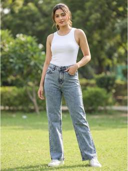 XYLA - Women Mid Waist Cotton Solid Blue Straight Leg Jeans