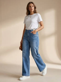 XYLA - Blue Women High Waist Solid Cotton Straight Leg Jeans