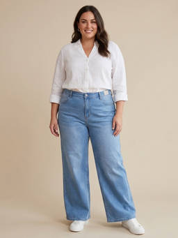 XYLA - Blue Cotton Solid Women High Waist Wide Leg Jeans