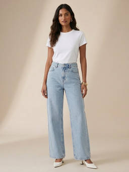 XYLA - Blue Solid Women High Waist Cotton Straight Leg Jeans
