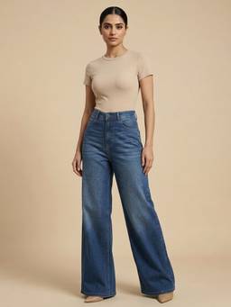 XYLA - Blue Cotton Solid Womens High Waist Wide Leg Jeans