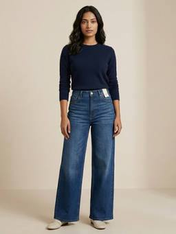 XYLA - Women Navy Blue High Waist Cotton Solid Wide Leg Jeans
