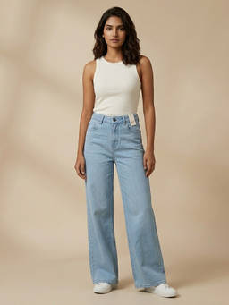 XYLA - Women's Ice Blue High Waist Cotton Solid Wide Leg Jeans