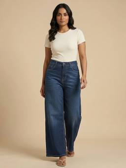 XYLA - Blue Cotton Solid Women's High Waist Wide Leg Jeans