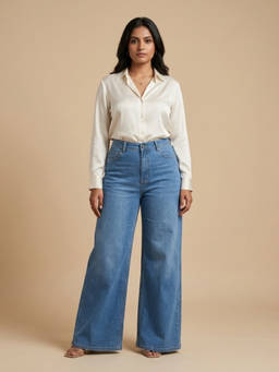 XYLA - Women High Waist Cotton Blue Solid Wide Leg Jeans