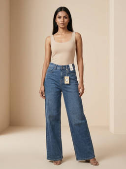 XYLA - Women Cotton High Waist Solid Straight Leg Blue Jeans