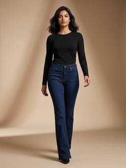 XYLA - Navy Blue Women High Waist Cotton Solid Wide Leg Jeans