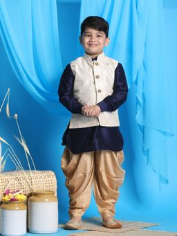 Vastramay - Boys Navy Blue-beige & Gold Jacket With Kurta & Dhoti (Set of 3)