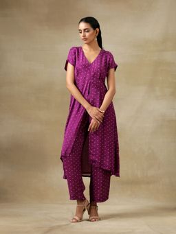 trueBrowns - Purple Bandhani Printed Silk Drop Shoulder Kurta Pant (Set of 2)