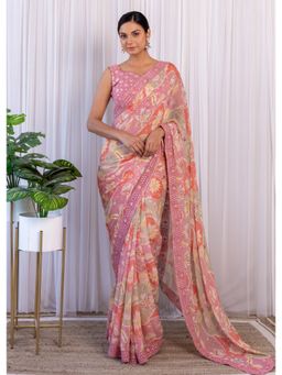 Label Kanupriya - Multi-Color Floral Printed Georgette Saree with Unstitched Blouse