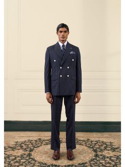Gargee Designers - Navy Blue Pinstripe Double-Breasted Coat With Pant