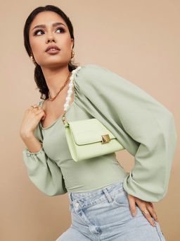 Styli - Green Balloon Sleeves Wide Square Neck Fitted Blouse