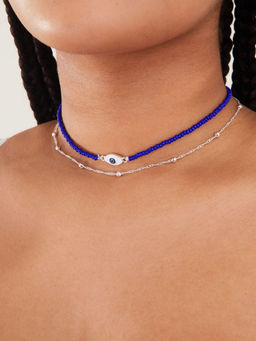 Accessorize London - Womens Blue Beaded Evil Eye Twisted Chain Necklace
