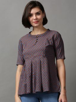 SHOWOFFFF - Women's Floral Round Neck Blue Peplum Regular Top