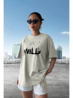 LEOTUDE - Women Grey Cotton Blend Printed Loose Fit T-Shirt