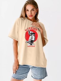 LEOTUDE - Women Beige Cotton Blend Typography Oversized Fit T-Shirt