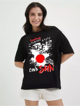 LEOTUDE - Women Black Cotton Blend Typography Oversized Fit T-Shirt