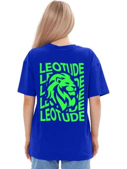 LEOTUDE - Women Blue Cotton Blend Typography Oversized Fit T-Shirt