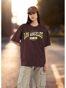 LEOTUDE - Women Brown Cotton Blend Typography Oversized Fit T-Shirt