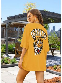LEOTUDE - Women Mustard Cotton Blend Printed Oversized Fit T-Shirt
