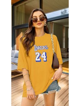 LEOTUDE - Women Mustard Cotton Blend Typography Oversized Fit T-Shirt