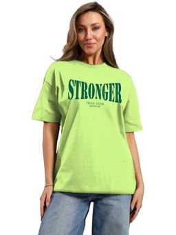 LEOTUDE - Women Green Cotton Blend Typography Oversized Fit T-Shirt