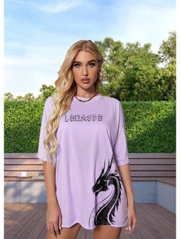 LEOTUDE - Women Purple Cotton Blend Typography Oversized Fit T-Shirt