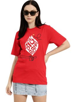 LEOTUDE - Women Red Cotton Blend Typography Oversized Fit T-Shirt