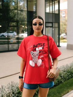 LEOTUDE - Women Red Cotton Blend Typography Oversized Fit T-Shirt