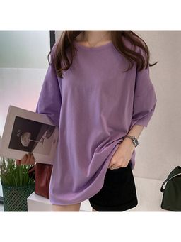 Outzidr - Women Purple Polyester Solid Oversized Fit T-Shirt