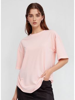 Outzidr - Women Pink Polyester Solid Oversized Fit T-Shirt