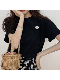 Outzidr - Women Black Polyester Solid Oversized Fit T-Shirt