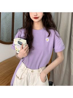 Outzidr - Women Purple Polyester Solid Oversized Fit T-Shirt