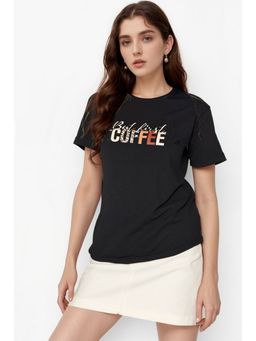 Outzidr - Women Black Polyester Typography Regular Fit T-Shirt