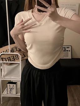 Outzidr - Women Cream Polyester Solid Skinny Fit T-Shirt