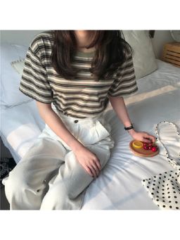 Outzidr - Women Green Polyester Stripes Relaxed Fit T-Shirt