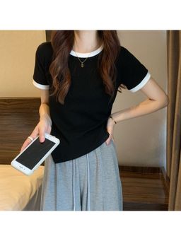 Outzidr - Women Black Polyester Solid Regular Fit T-Shirt