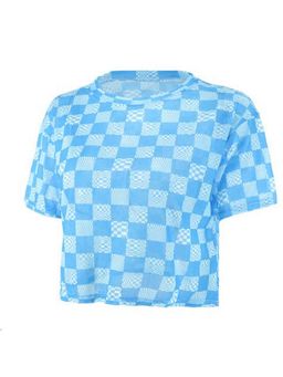 Outzidr - Women Blue Polyester Blend Checks Regular Fit T-Shirt