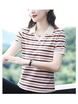 Outzidr - Women White Polyester Stripes Relaxed Fit Polo T-Shirt