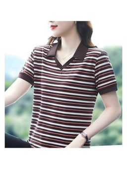 Outzidr - Women Brown Polyester Stripes Relaxed Fit Polo T-Shirt