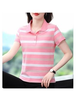 Outzidr - Women Pink Polyester Stripes Relaxed Fit Polo T-Shirt