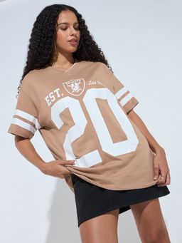 Outzidr - Women Brown Polyester Typography Oversized Fit T-Shirt