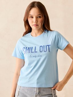 Outzidr - Women Blue Cotton Typography Regular Fit T-Shirt