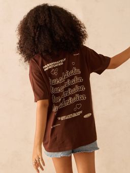 Outzidr - Women Brown Cotton Typography Oversized Fit T-Shirt
