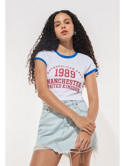 Outzidr - Women White Cotton Lycra Typography Bodycon Fit T-Shirt